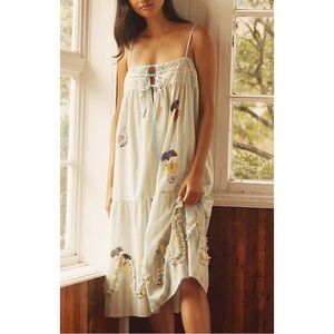 Anthropologie Yellow and Blue Striped Midi Dress with Floral Detail